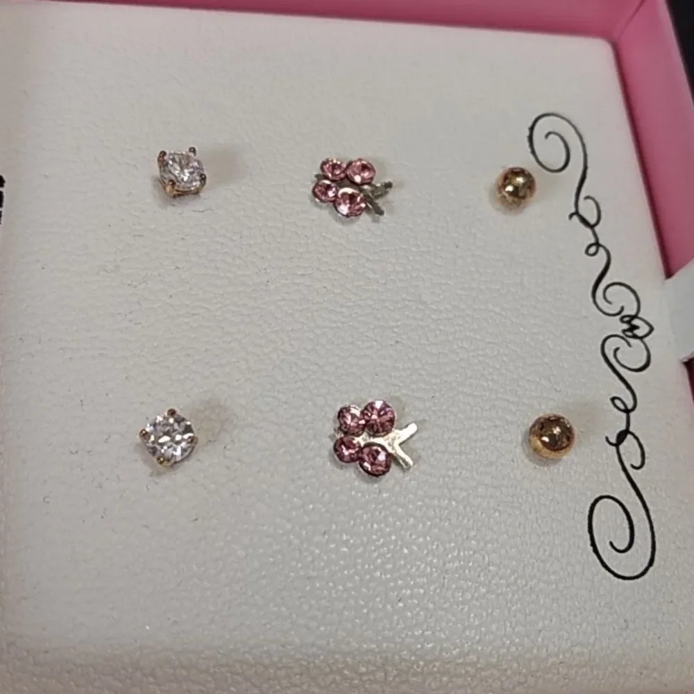 Dainty sterling silver earring set of three gold pink